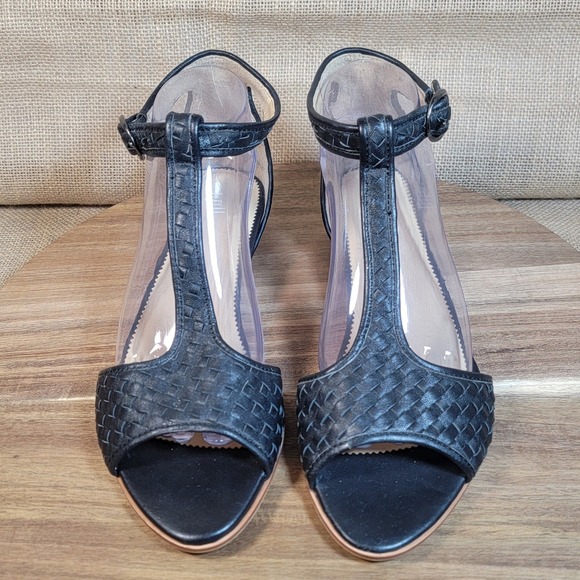 J.Jill Sandals Black Woven Leather T-Strap Ankle Strap Wedge Women's Size 9 - Picture 1 of 10